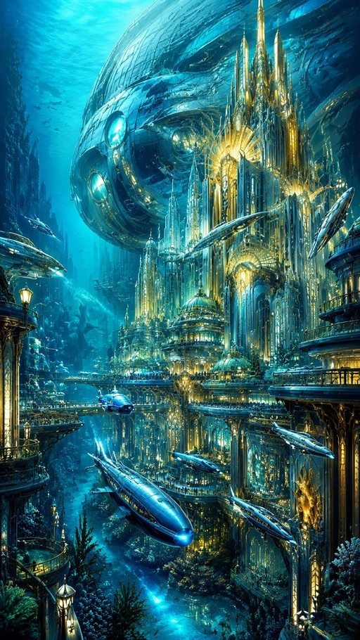A vibrant digital illustration of a sprawling underwater Art Deco city with golden spires and sleek blue submersibles gliding through azure waters.