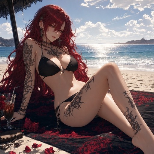 A red-haired woman with tattoos sits on a beach towel in a black bikini under an umbrella, with the ocean and sky behind her.