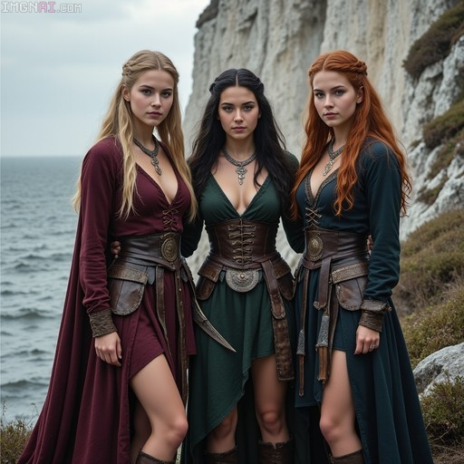 Three women dressed as Viking shieldmaidens in burgundy, green, and blue dresses with leather corsets stand side-by-side on a grassy cliff overlooking the ocean.