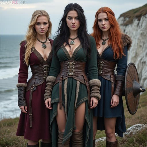 Three young women in medieval Viking-style clothing standing on a grassy cliff with the ocean behind them. The woman on the left has blonde hair and wears maroon, the center woman has dark hair and wears green, and the right woman has red hair and holds a shield while wearing blue.