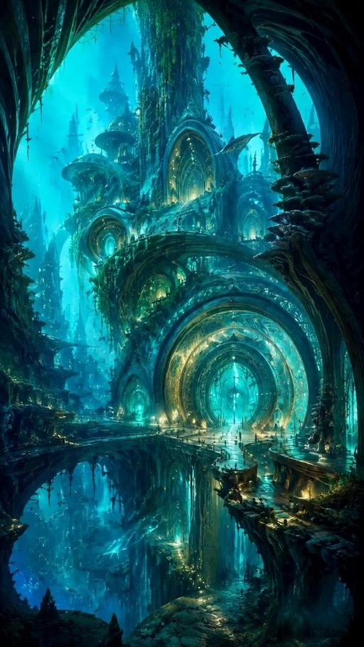 A fast-moving drone shot flies through a vast, glowing fantasy city submerged in deep blue water, passing under ornate arches and alongside towering structures with golden lights.