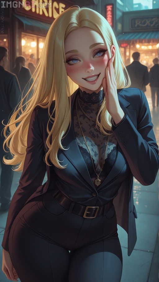 A blonde woman with blue eyes wearing a black suit jacket and sheer top smiles while touching her cheek against a blurred city street background.