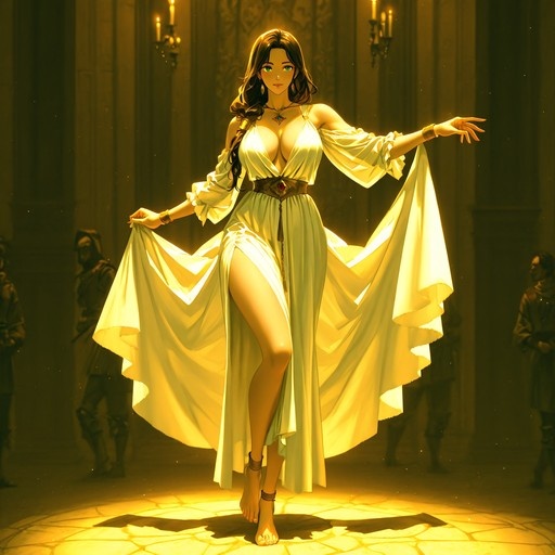 A digital painting of a woman with long brown hair and green eyes standing barefoot in a candlelit hall. She wears a white dress and holds the fabric out to her sides.