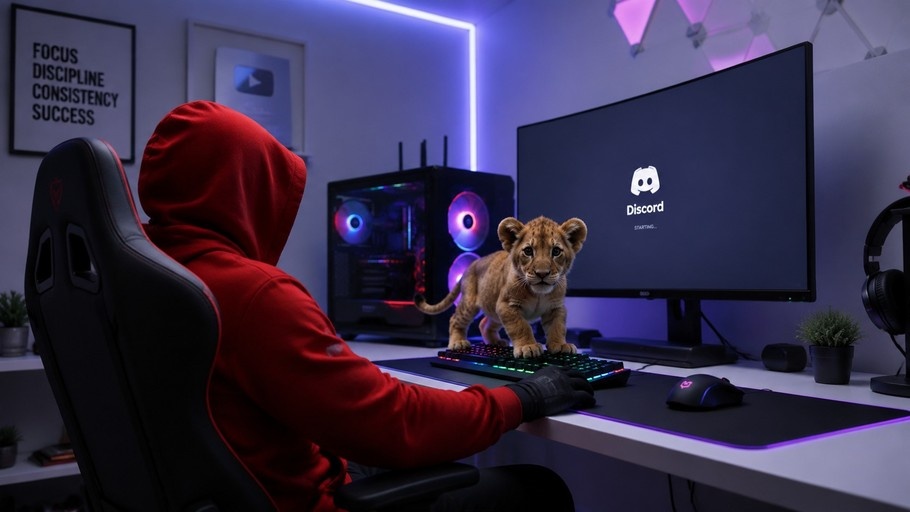 A person in a red hoodie sits at a computer desk with a lion cub standing on the keyboard.
