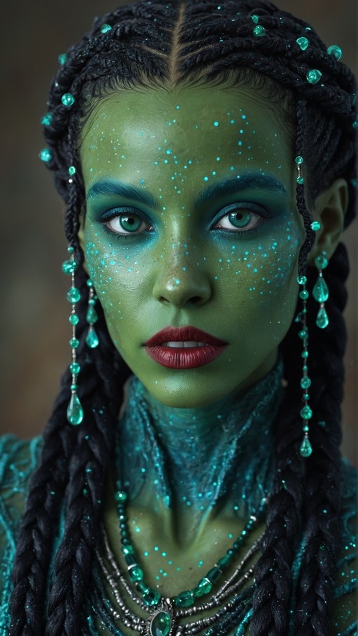 A close-up portrait of a green-skinned woman with black braids decorated with teal beads and gems, wearing elaborate jewelry and blue face glitter.