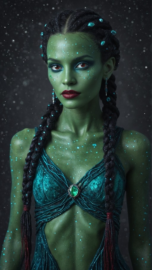 Portrait of a green-skinned fantasy woman with red eyes, twin black braids, and glowing blue speckles on her skin, wearing a teal top with a central emerald gem.