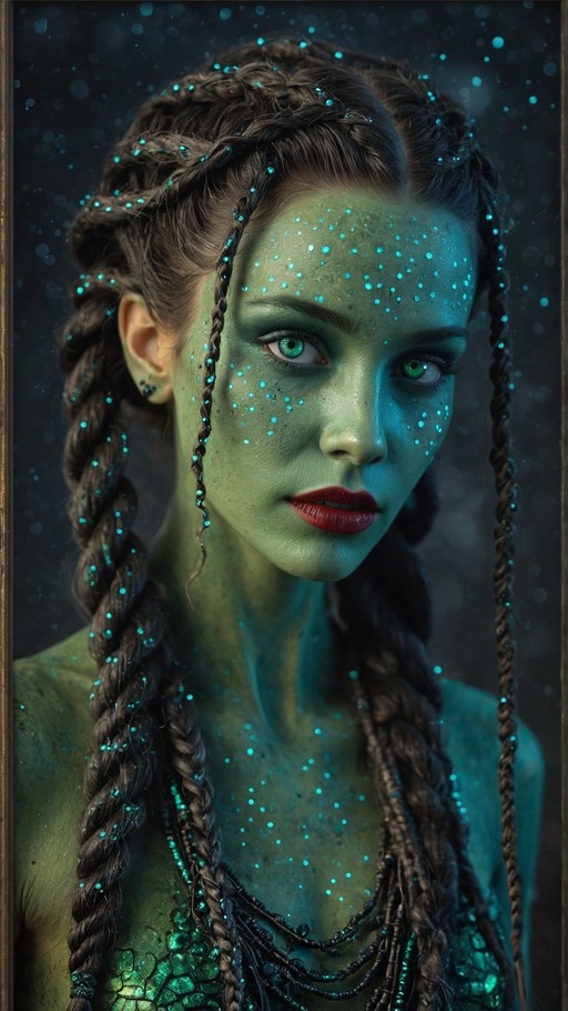 A realistic portrait of a green-skinned fantasy woman with long brown braids and glowing blue specks on her face and chest.