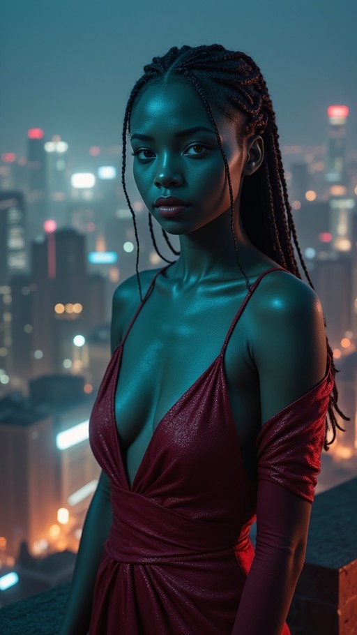 A realistic portrait of a dark-skinned woman with long braids wearing a deep red dress, standing against a blurred city skyline at night.