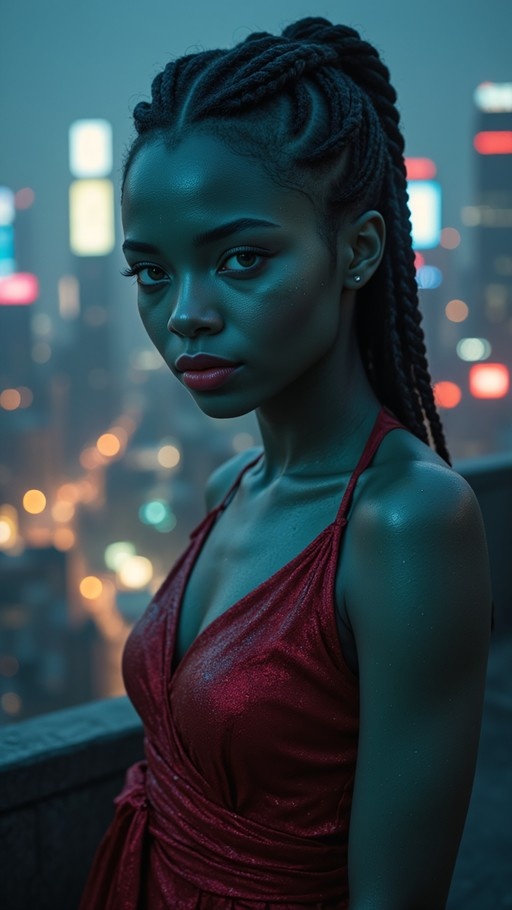 A dark-skinned woman with long braids wearing a red dress looks at the camera against a blurred city night background.