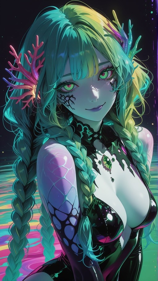 Fantasy mermaid girl with teal twin braids, coral hair accessories, purple scales on her arm, and a black leotard.