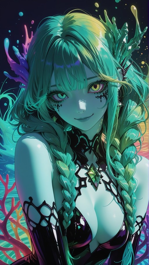 A portrait of a fantasy girl with pale blue skin and long teal hair in twin braids. She has heterochromia with green and yellow eyes and black markings under her eyes. She wears a shiny black outfit with a large green gem necklace, surrounded by underwater coral and bubbles.