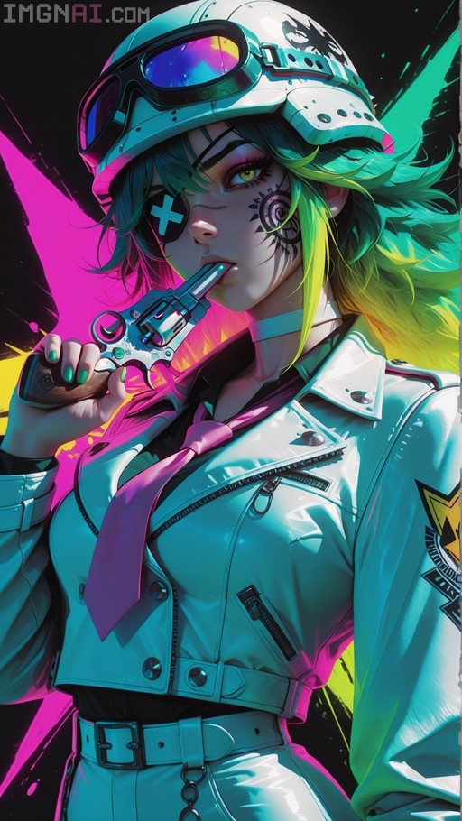 A green-haired glam-punk mercenary girl wearing an eyepatch and white leather jacket holds a revolver in her mouth.