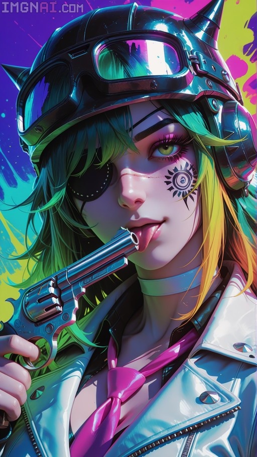 A close-up of a punk girl with green and yellow hair wearing a spiked helmet and eyepatch, licking the barrel of a silver revolver she holds in her hand.