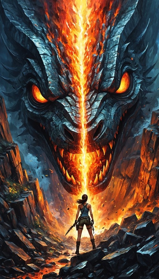 A female adventurer stands on rocky terrain facing a massive dragon head breathing a stream of fire in a volcanic canyon.