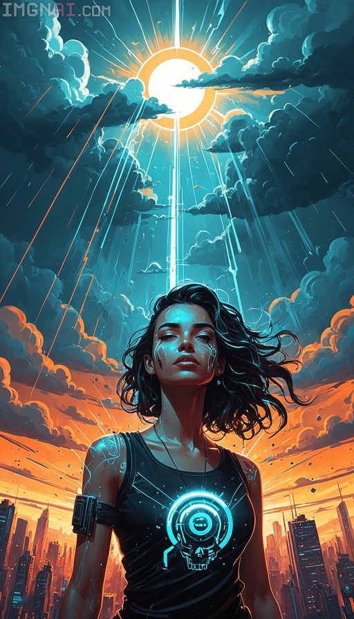 A cyberpunk woman with glowing blue markings on her face and arm looks up at a bright sunburst through storm clouds above a city.