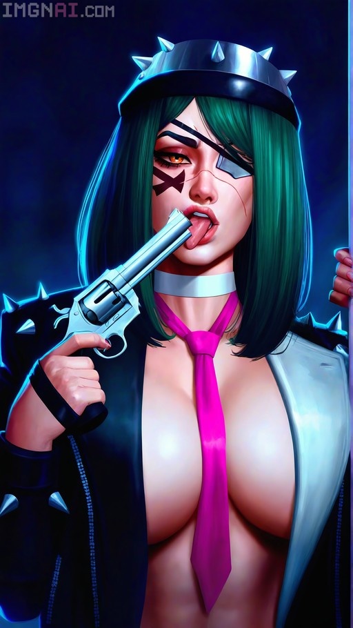 A punk mercenary woman with green hair and an eyepatch licks the barrel of a silver revolver she holds in her hand.