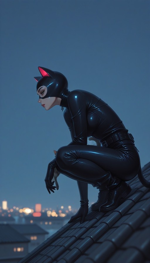 A woman in a shiny black latex catsuit with cat ears and a mask crouches on a tiled roof against a blurred night cityscape.
