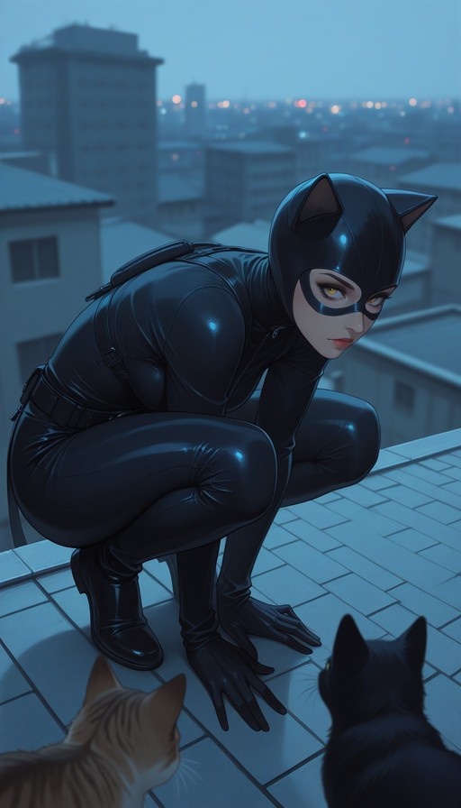 Female cat-themed superhero in a shiny black bodysuit crouching on a rooftop at night while looking at two cats.