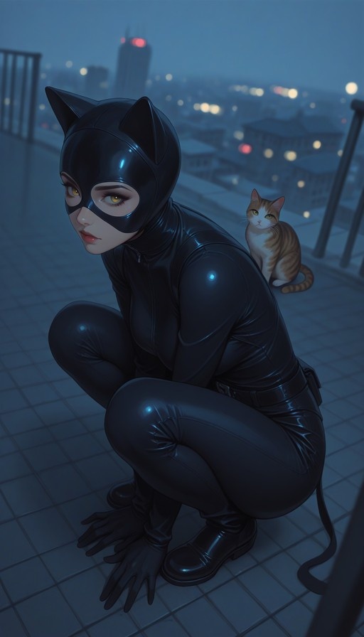A woman in a black shiny catsuit and cat-eared mask crouches on a rooftop at night with an orange tabby cat sitting behind her.
