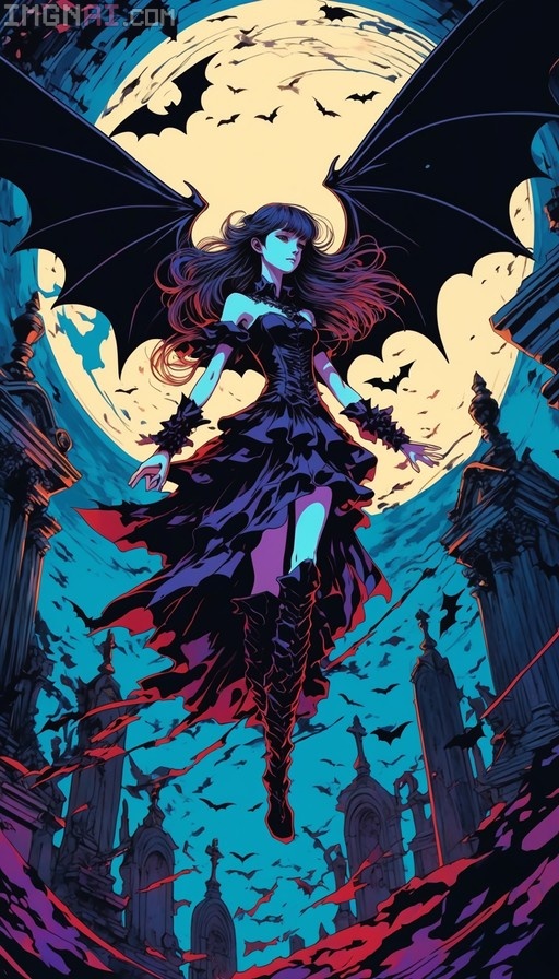 A pale-skinned anime girl with long dark hair and large black bat wings floats in front of a full moon, wearing a ruffled black dress over a gothic graveyard filled with tombstones and flying bats.