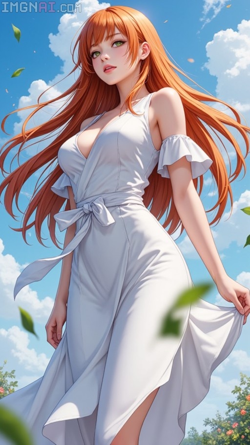 Orihime Inoue with long orange hair wearing a white dress standing under a blue sky