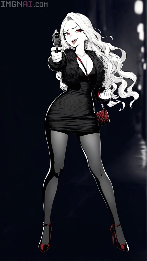 Digital illustration of a blonde anime woman in a black dress and fuzzy vest holding a revolver pointed at the viewer, wearing red heels and displaying a smug expression with her tongue out.