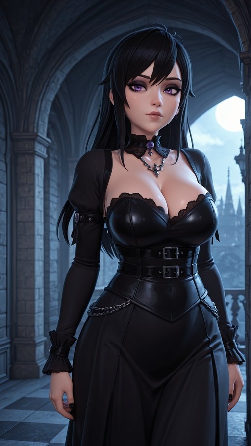 A young woman with long black hair and purple eyes wearing a black gothic dress stands in an arched hallway at night with a full moon visible in the background.