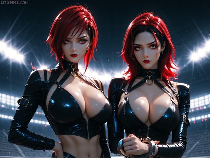 Two red-haired women resembling Kira from Mortal Kombat in black leather outfits standing in a coliseum, one wearing handcuffs.