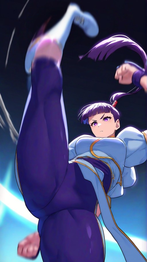 Chun-Li performs a high kick in her signature blue qipao and purple pants