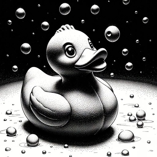 A surreal black-and-white animation shows a giant duck monster emerging from bubbles and running with astronauts in a retro 3D style.