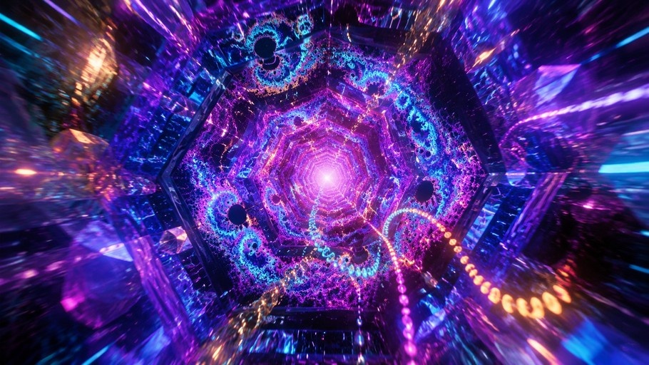 A hexagonal tunnel with neon purple and blue fractal patterns and light streaks.