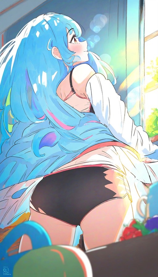 An illustration of a young woman with long blue hair standing by a bright window, wearing a white jacket and black shorts.