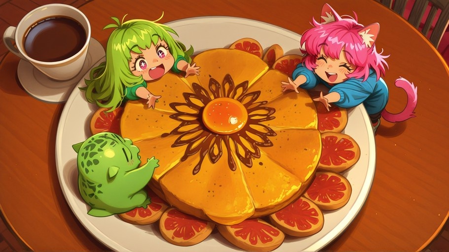 Two chibi cat girls and a small green creature excitedly look at a giant sunflower-shaped pancake stack surrounded by grapefruit slices.