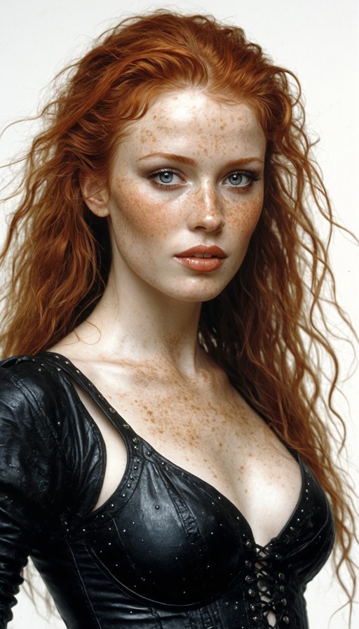 A realistic portrait of a woman with long wavy red hair and freckles wearing a black leather corset top.