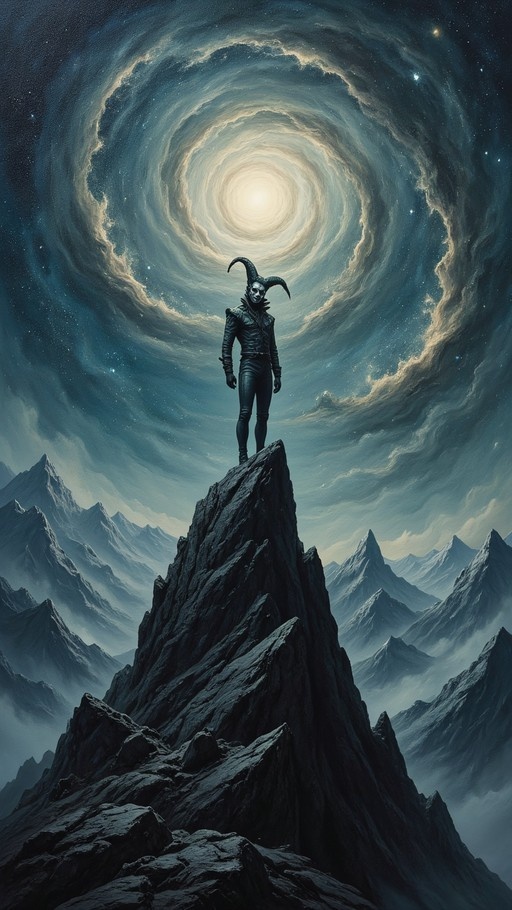 A horned humanoid figure in black clothing stands on a sharp rock spire against a backdrop of misty mountains and a large swirling galaxy.