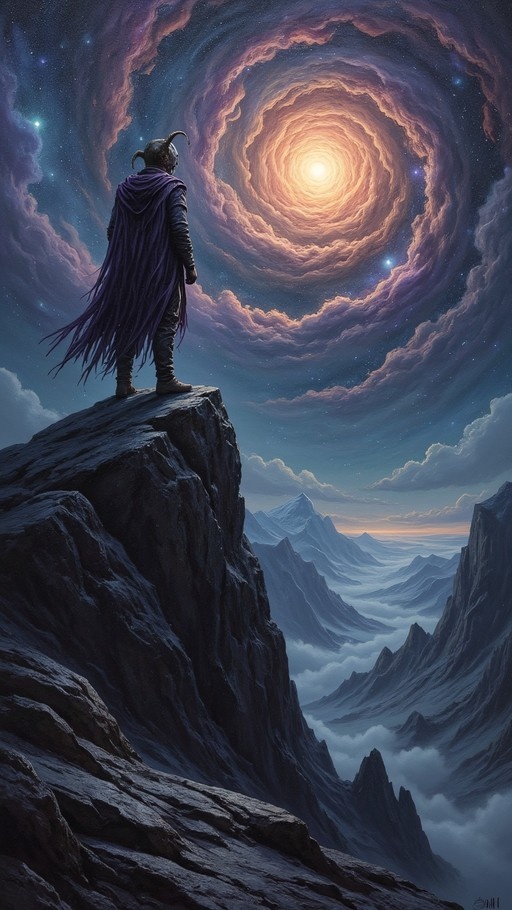 A horned figure in a tattered purple cape stands on a rocky cliff edge looking up at a giant swirling galaxy in the night sky above a mountain range.