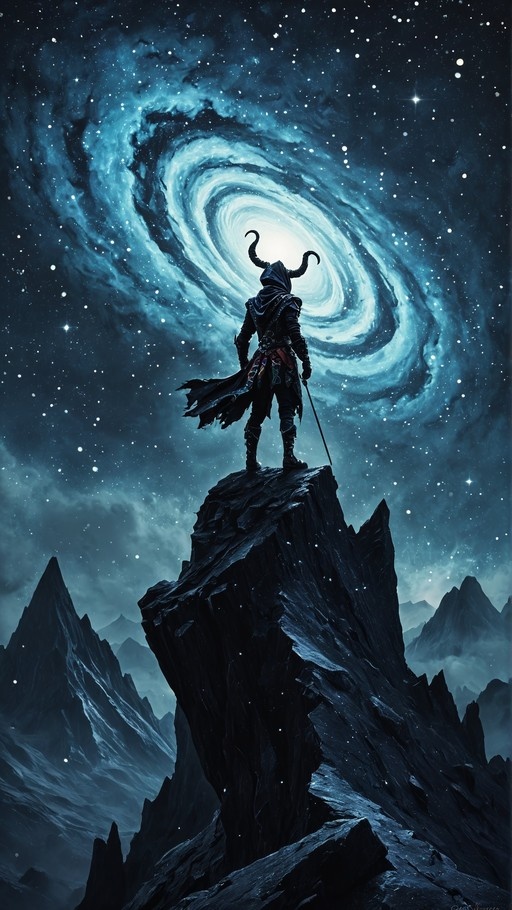 A hooded figure with large curved horns stands on a rocky cliff edge, facing away from the viewer towards a massive swirling blue galaxy in a starry night sky.