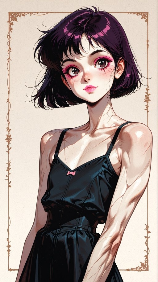 An anime-style portrait of a girl with short dark purple hair and pink makeup wearing a black sleeveless dress with a small bow at the chest.