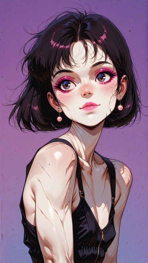 A digital illustration of a young woman with short black hair, bright pink eyeshadow, and dangling earrings wearing a black zippered top against a purple background.