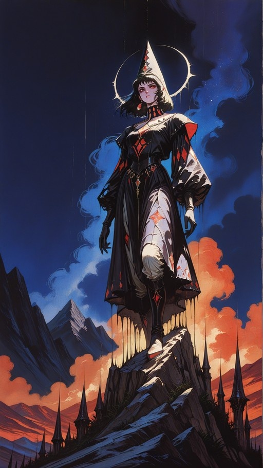An anime-style witch with black hair and red eyes stands on a rocky cliff edge wearing a tall pointed hat and black robe, overlooking a castle valley at sunset.