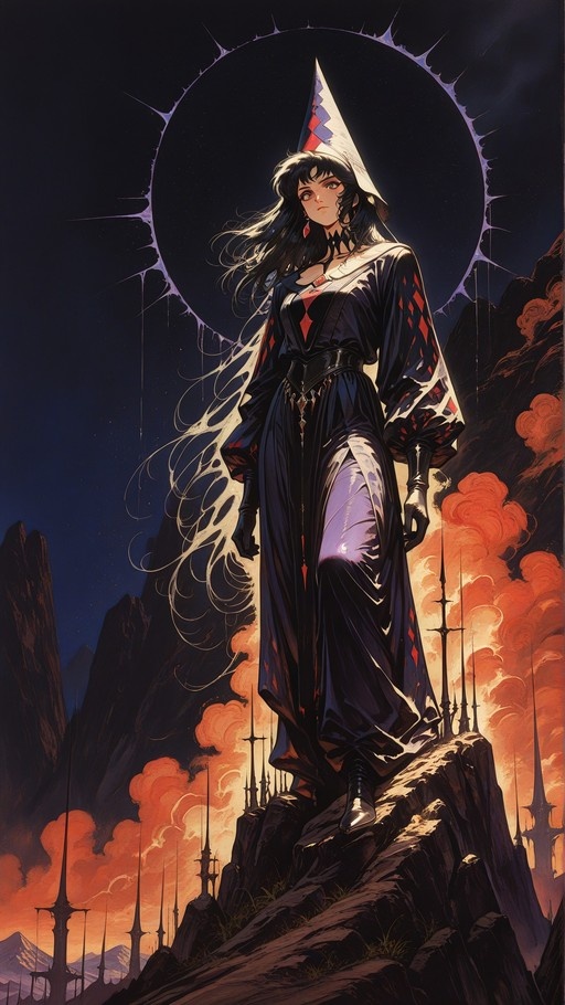 A full-body illustration of a female witch with long black hair and a pointed hat standing on a rocky cliff against a backdrop of a large eclipse and fiery orange clouds.