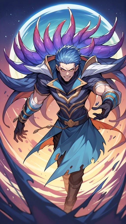 A male anime character with spiky blue hair and yellow eyes wearing a dark blue fantasy outfit with gold trim and black gloves, standing in front of a large planet.