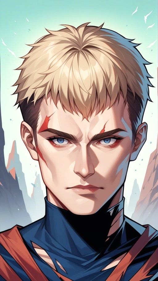 A digital illustration of a young man with spiky blonde hair, blue eyes, and red facial scars wearing a blue and orange outfit.