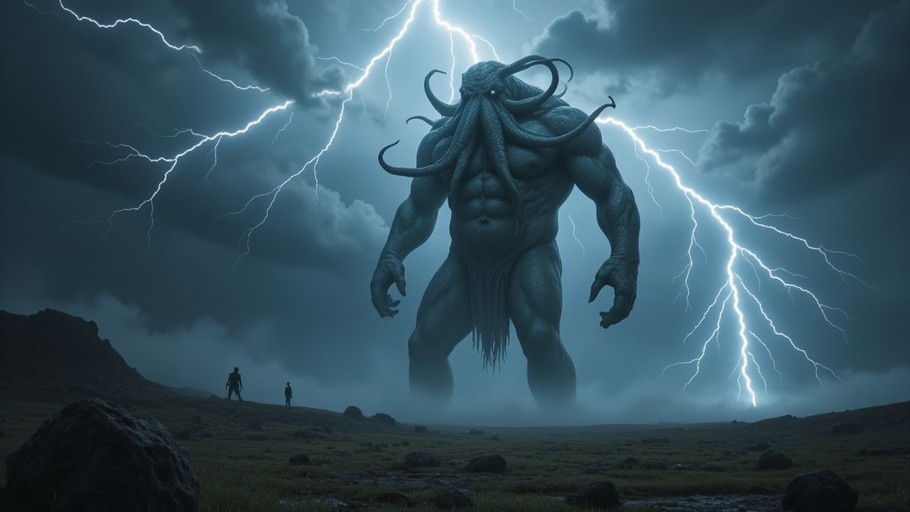 A massive tentacled monster with a muscular body stands in a stormy landscape while lightning strikes nearby.