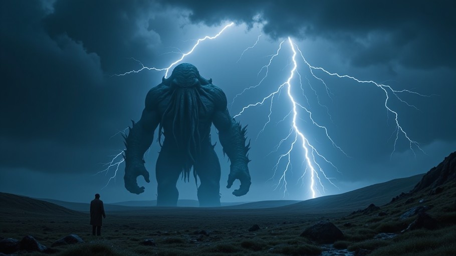 A massive, hulking monster stands in a grassy field under a stormy sky with lightning, facing a small lone figure in the foreground.