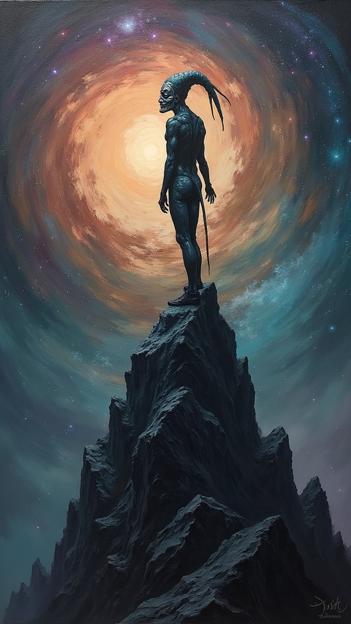 A tall, slender alien with dark skin stands on a rocky peak against a backdrop of a swirling orange and teal galaxy filled with stars.