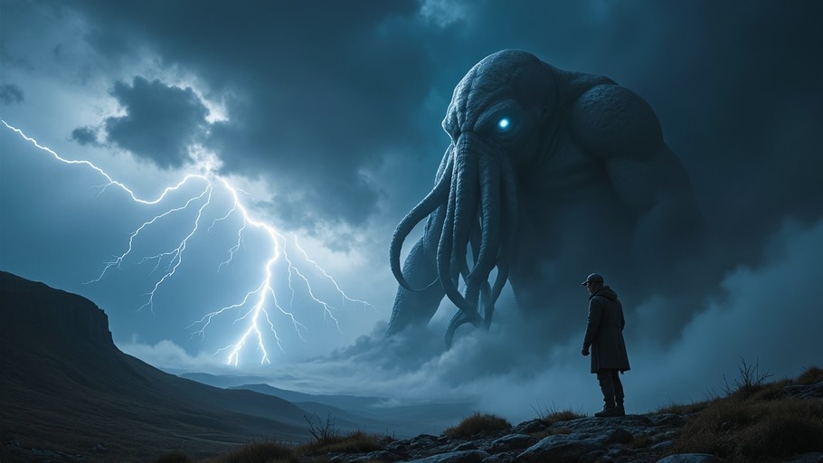 A person stands on a rocky hill looking at a giant tentacled monster with glowing blue eyes in the clouds during a lightning storm.