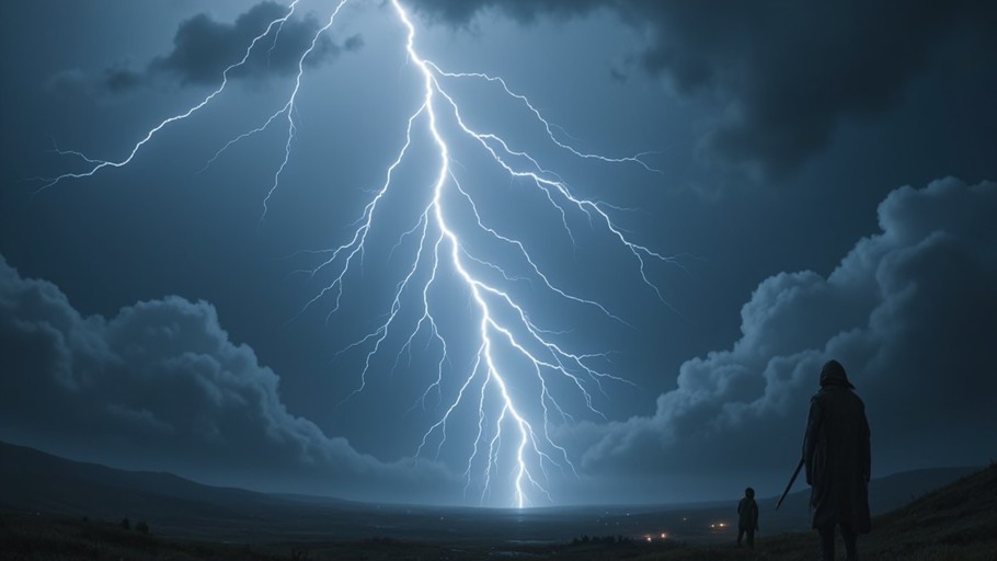 A hooded figure in a long cloak holding a sword stands with a smaller companion, watching a massive lightning bolt strike down from dark storm clouds over a hilly landscape at night.