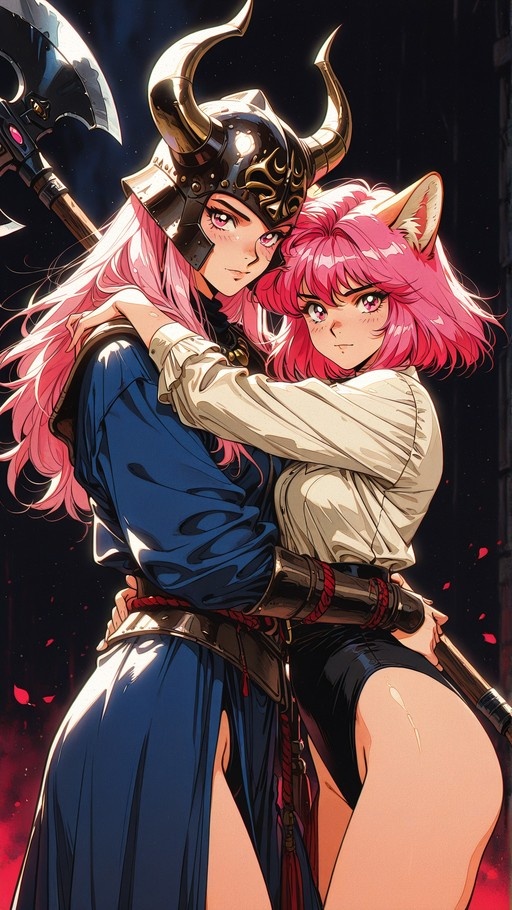 Two pink-haired anime women hugging; one wears a horned helmet and holds an axe while the other has cat ears.