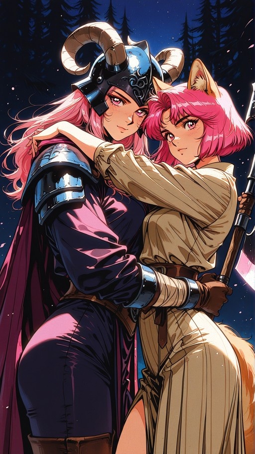 Two pink-haired anime characters, one in a horned helmet and the other with fox ears, hugging under a starry night sky.